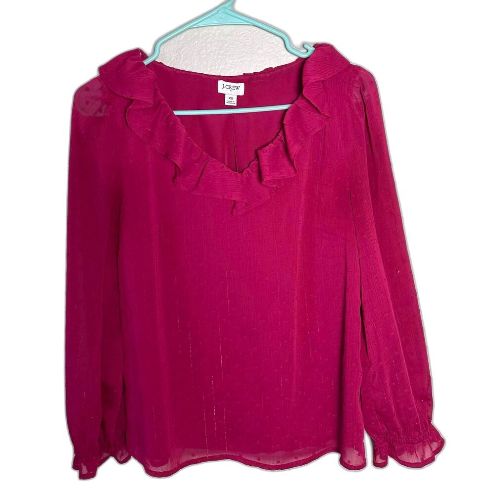 J.Crew Ruffle Neck Clip Dot Blouse Metallic Shimmery Pink Magenta Top Small XS